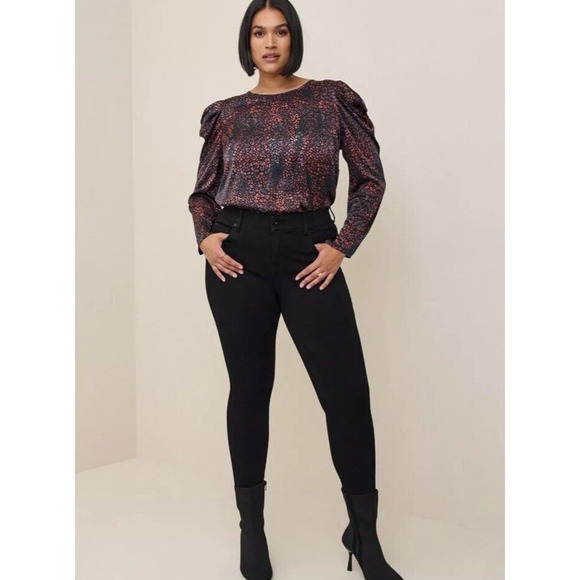 Torrid Top Womens Sz 0 XL Satin Animal Print Blouse Black Multicolor Puff Sleeve - Picture 7 of 14